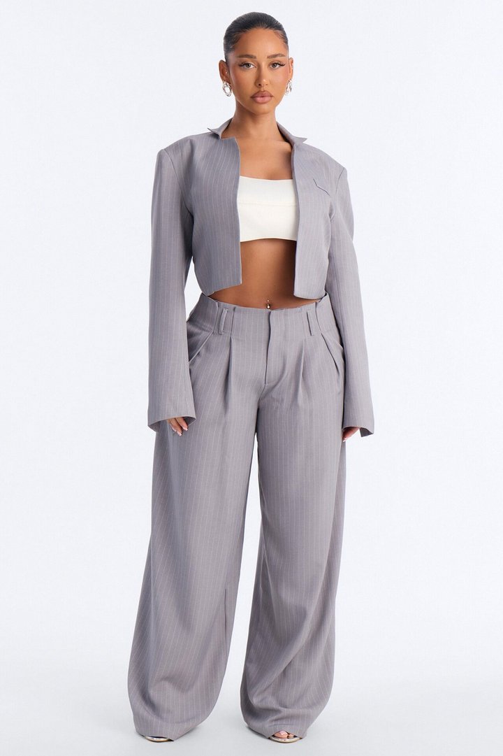 Ahmeira Pinstripe Wide Leg Trouser Pant - Grey/combo