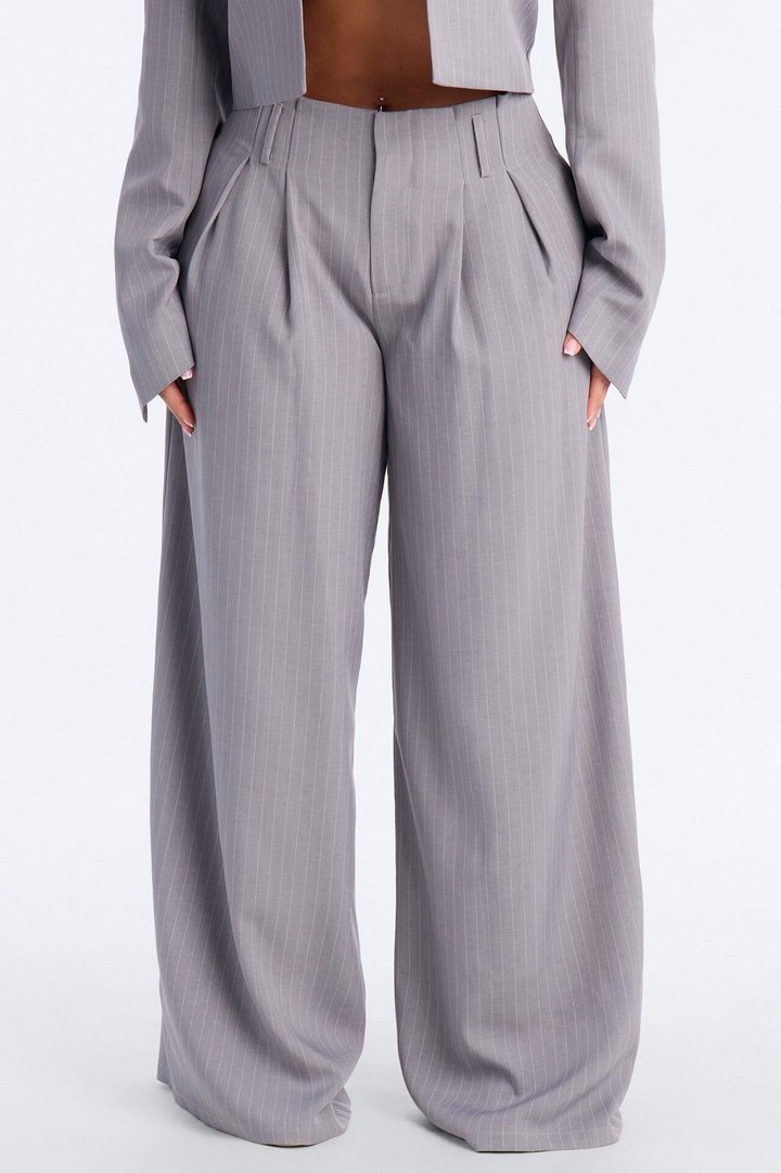 Ahmeira Pinstripe Wide Leg Trouser Pant - Grey/combo