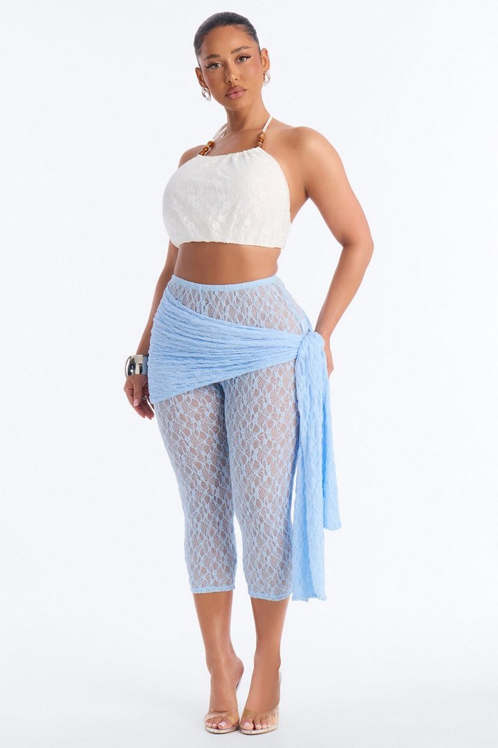 Emory Draped Tie Lace Capri Legging - Light Blue