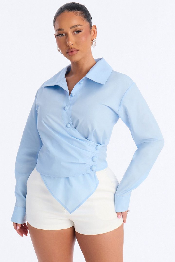 Late For Work Asymmetrical Poplin Shirt - Blue