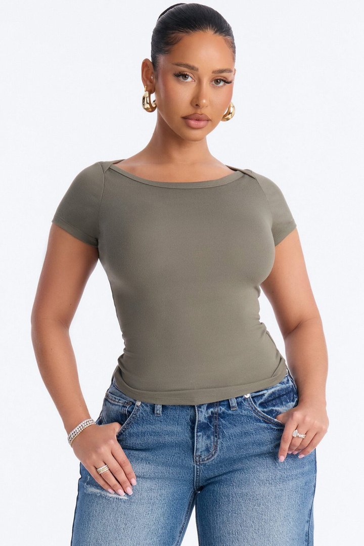 Boat Neck Ribbed T-shirt - Olive