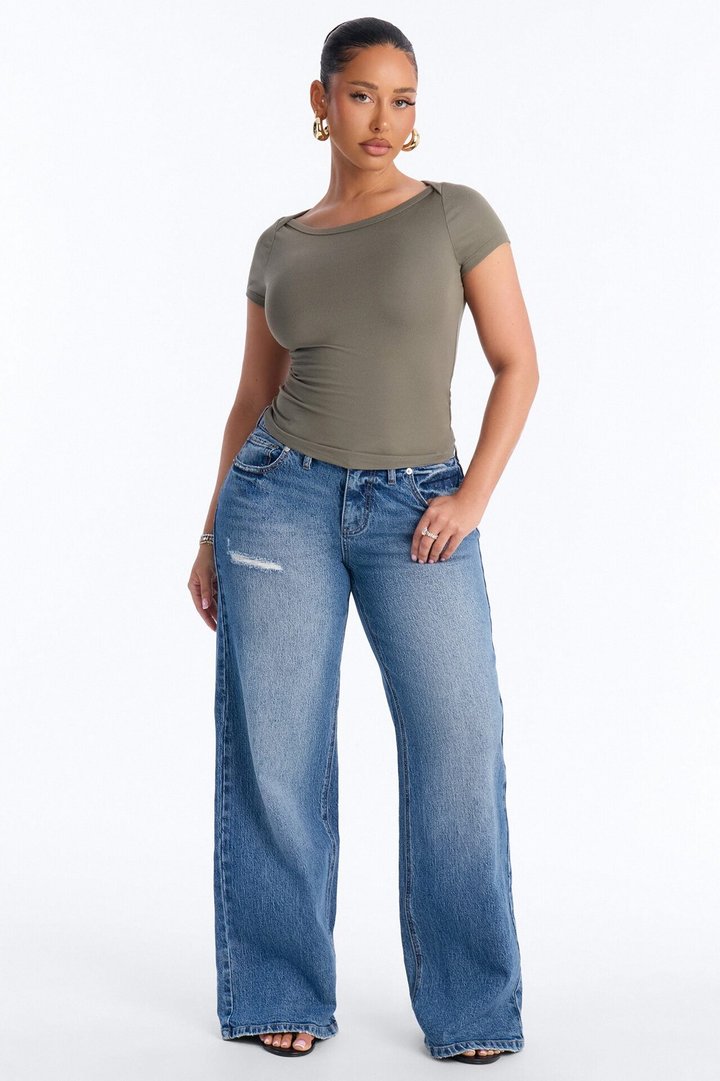Boat Neck Ribbed T-shirt - Olive