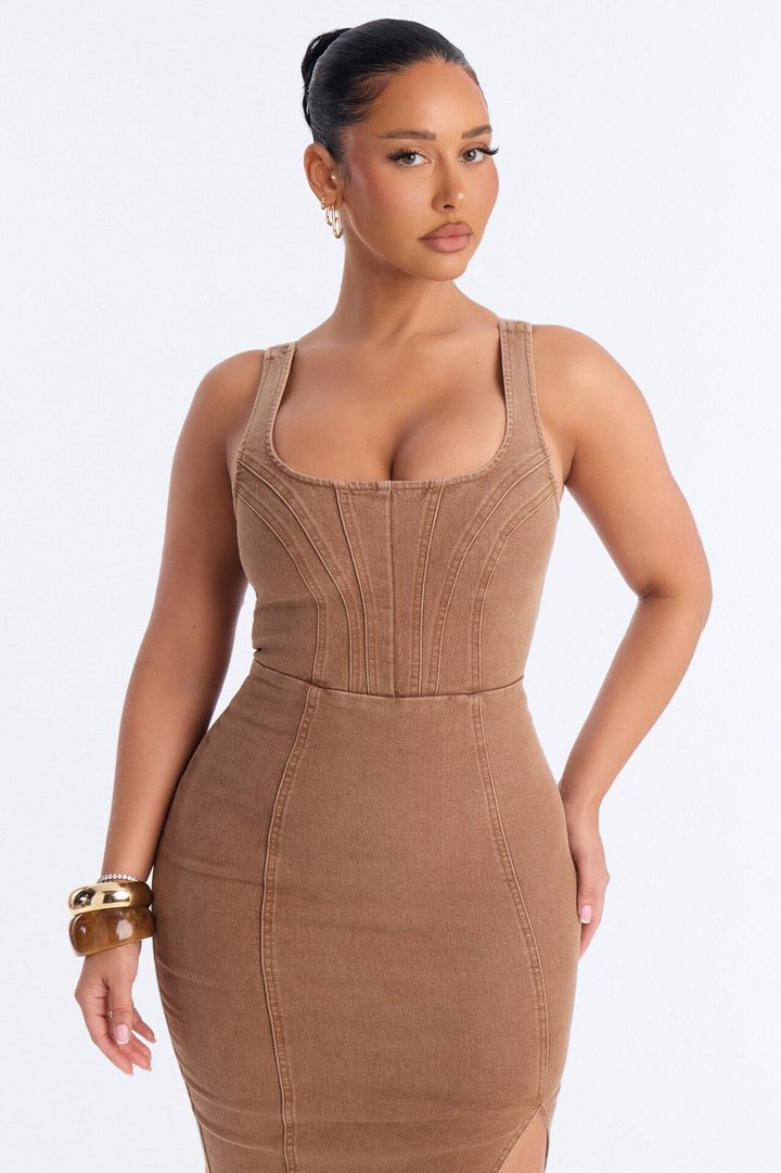 Avery Stretch Denim Midi Dress - Brown