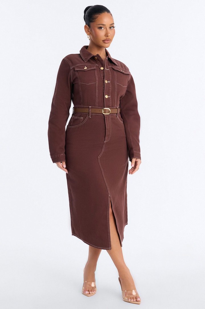 Harper Belted Denim Midi Dress - Brown
