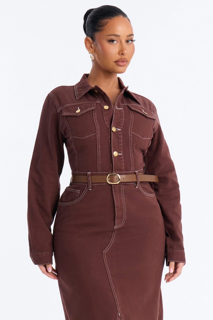 Harper Belted Denim Midi Dress - Brown