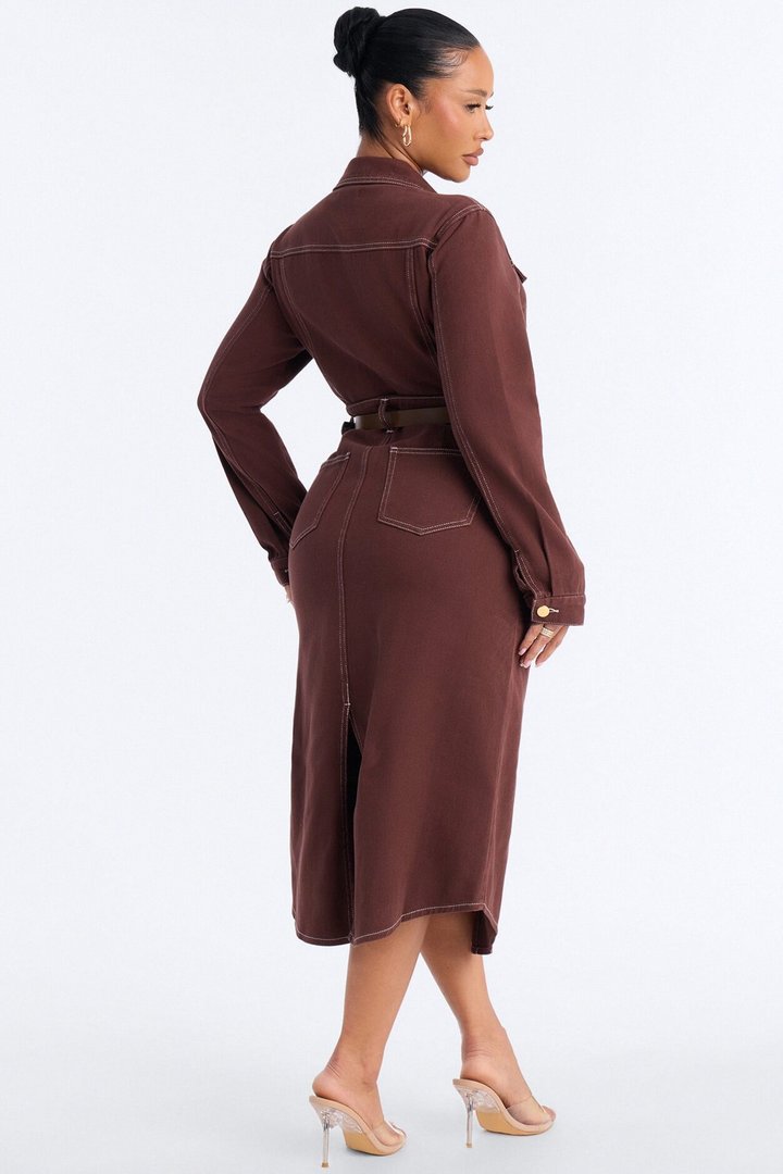 Harper Belted Denim Midi Dress - Brown