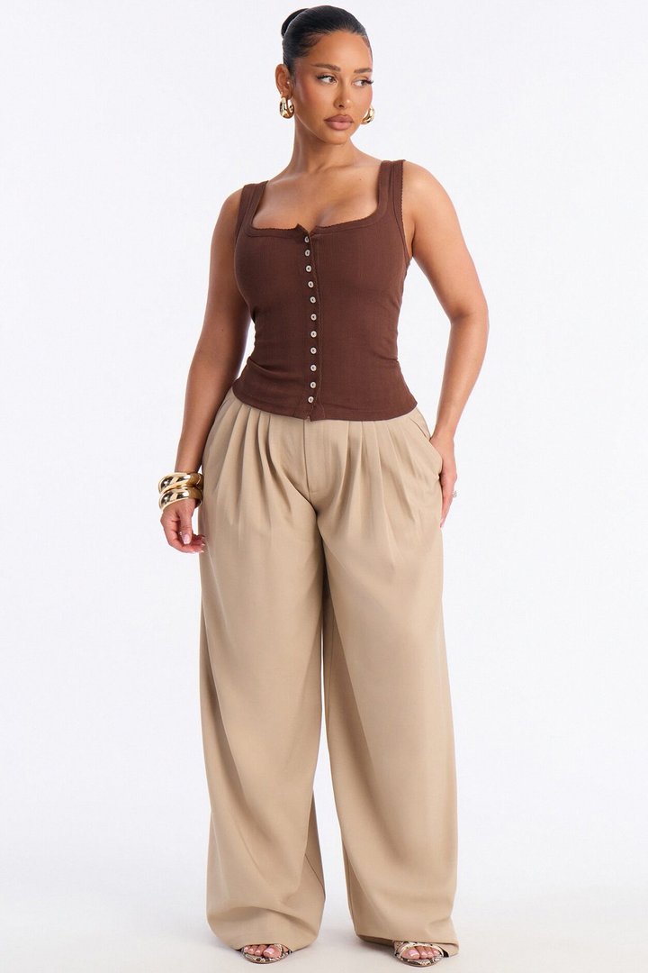 Pointelle Button Front Scoop Neck Tank Top - Chocolate