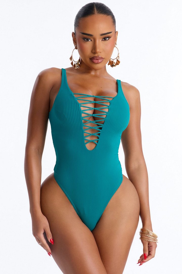 Sandy Hair Ribbed 1 Piece Swimsuit - Teal