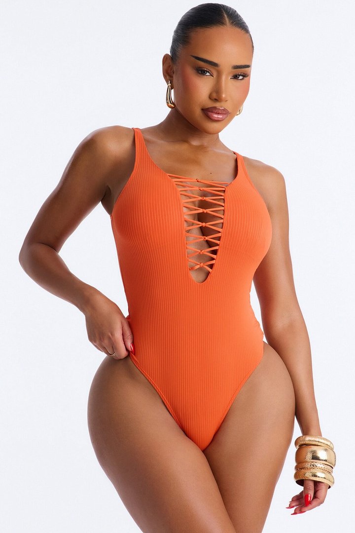 Sandy Hair Ribbed 1 Piece Swimsuit - Rust