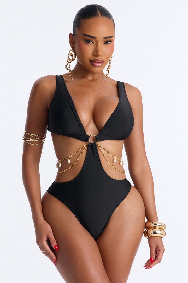 Larisa 1 Piece Cut Out Chain Swimsuit - Black