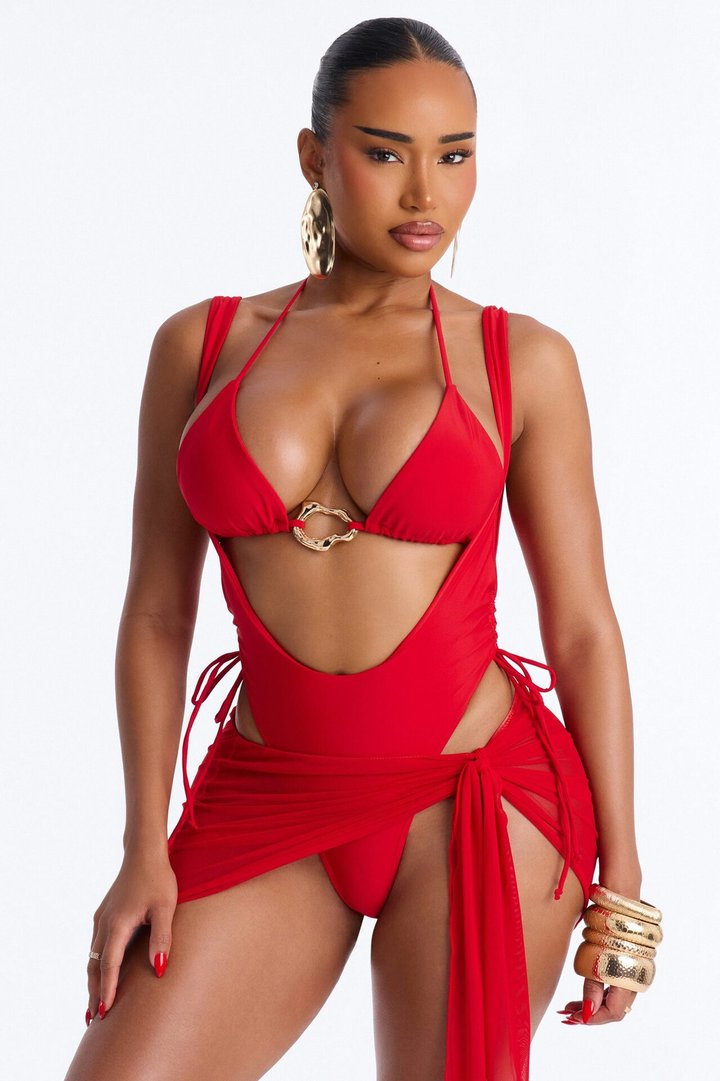 Angie 3 Piece Tied Triangle Bikini Waist Suit & Micro Mini Skirt Sunsuit - Red