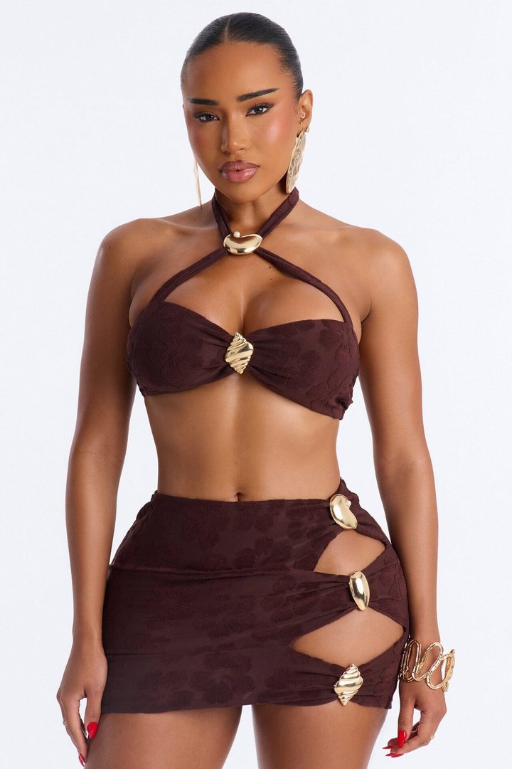 Coconut Drip Textured Hibiscus 3 Piece Bikini Skirt Set - Brown