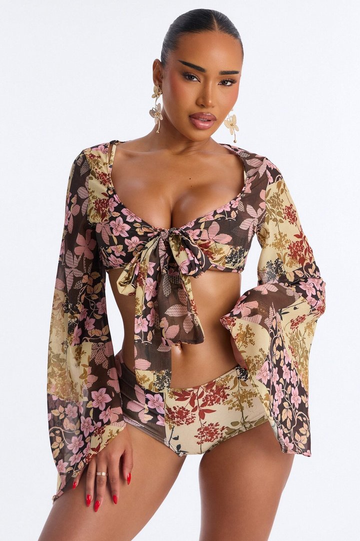 Warm Vacay Sheer Flare Sleeve Front Tie Boyshort 3 Piece Bikini Set - Brown/combo