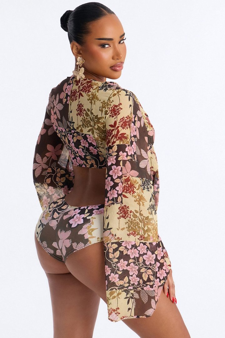 Warm Vacay Sheer Flare Sleeve Front Tie Boyshort 3 Piece Bikini Set - Brown/combo