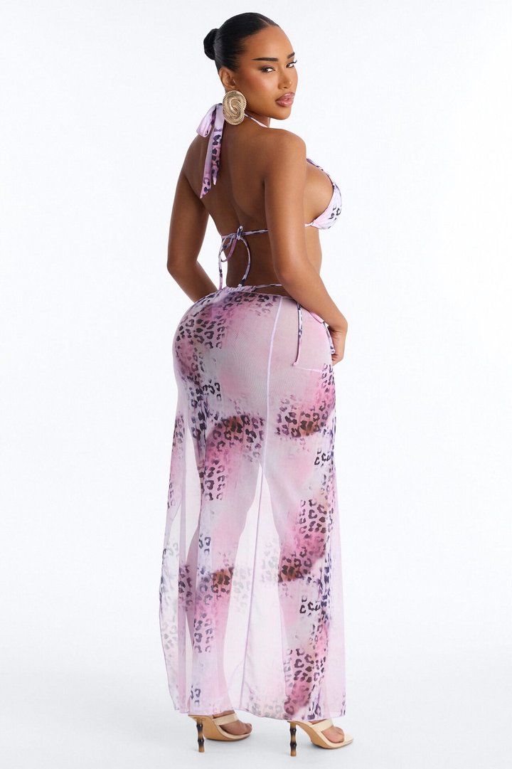 Harley 3 Piece Leopard Halter Bikini & Cover Up Sarong Sunsuit - Pink/combo