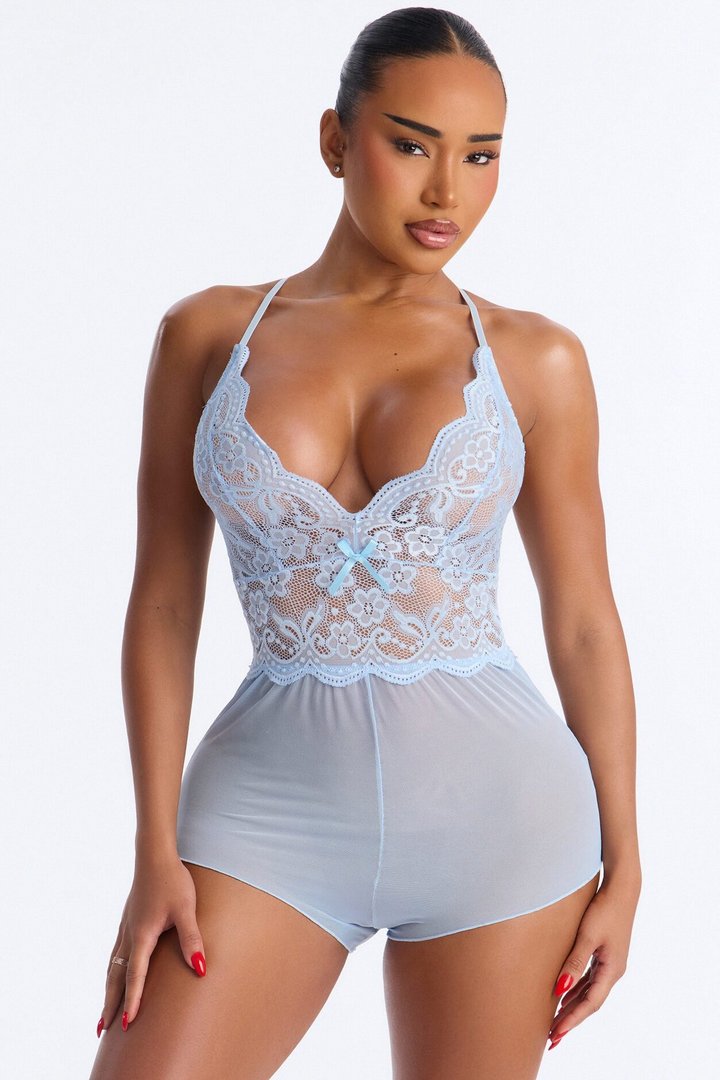 Johanna Lace Trim V-Neck Flowy Romper - Blue