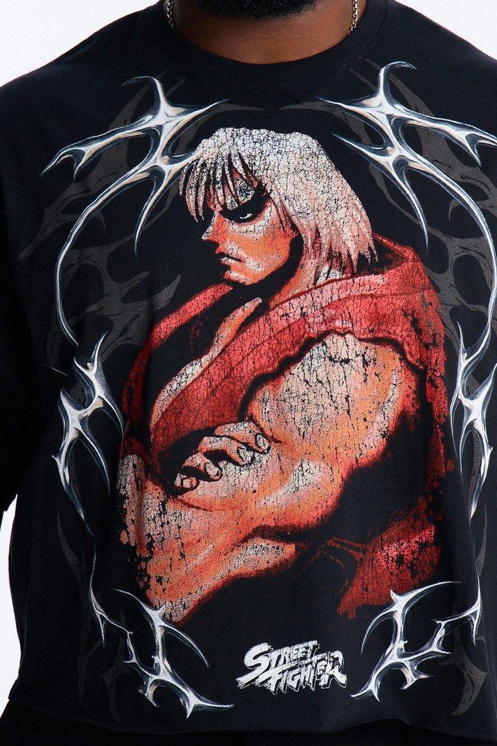 Street Fighter Ken Fiery Style Boxy Short Sleeve Tee - Black