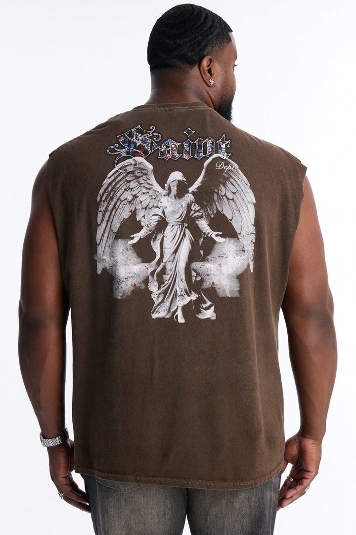 Saint Doves And Angel Vintage Print Muscle Tank Shirt - Taupe