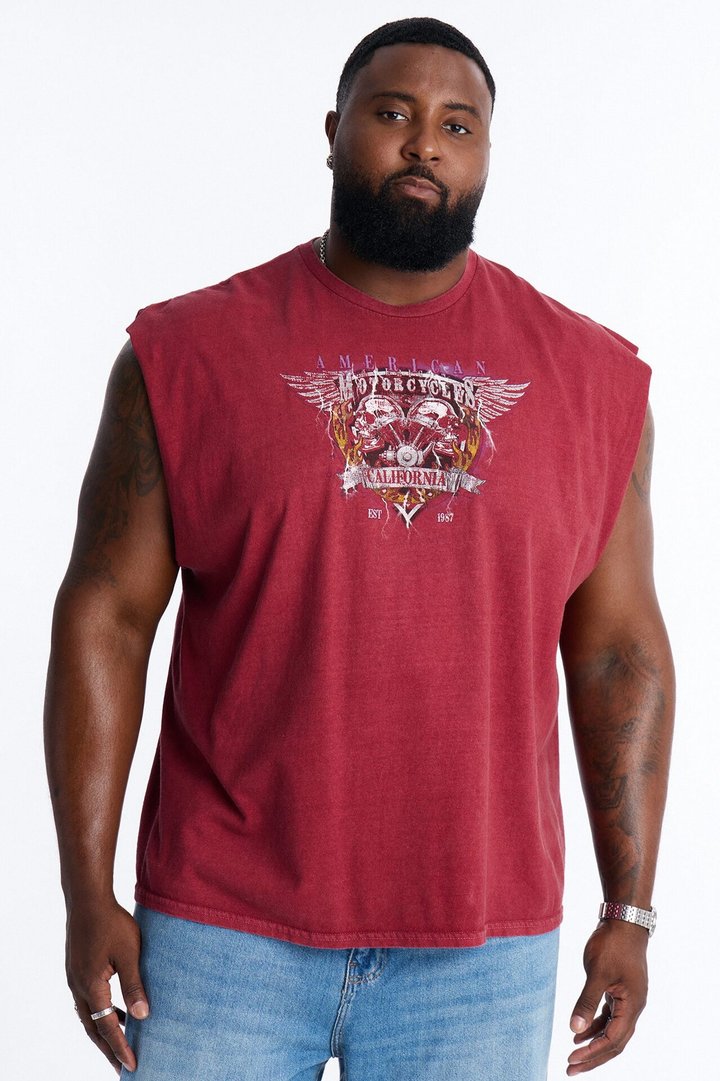 American Tour Motorcycles Skull Vintage Print Muscle Tank Shirt - Red