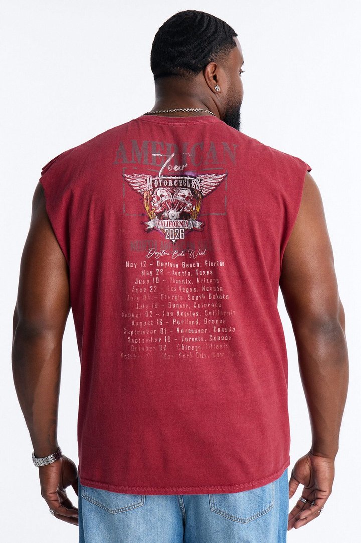 American Tour Motorcycles Skull Vintage Print Muscle Tank Shirt - Red