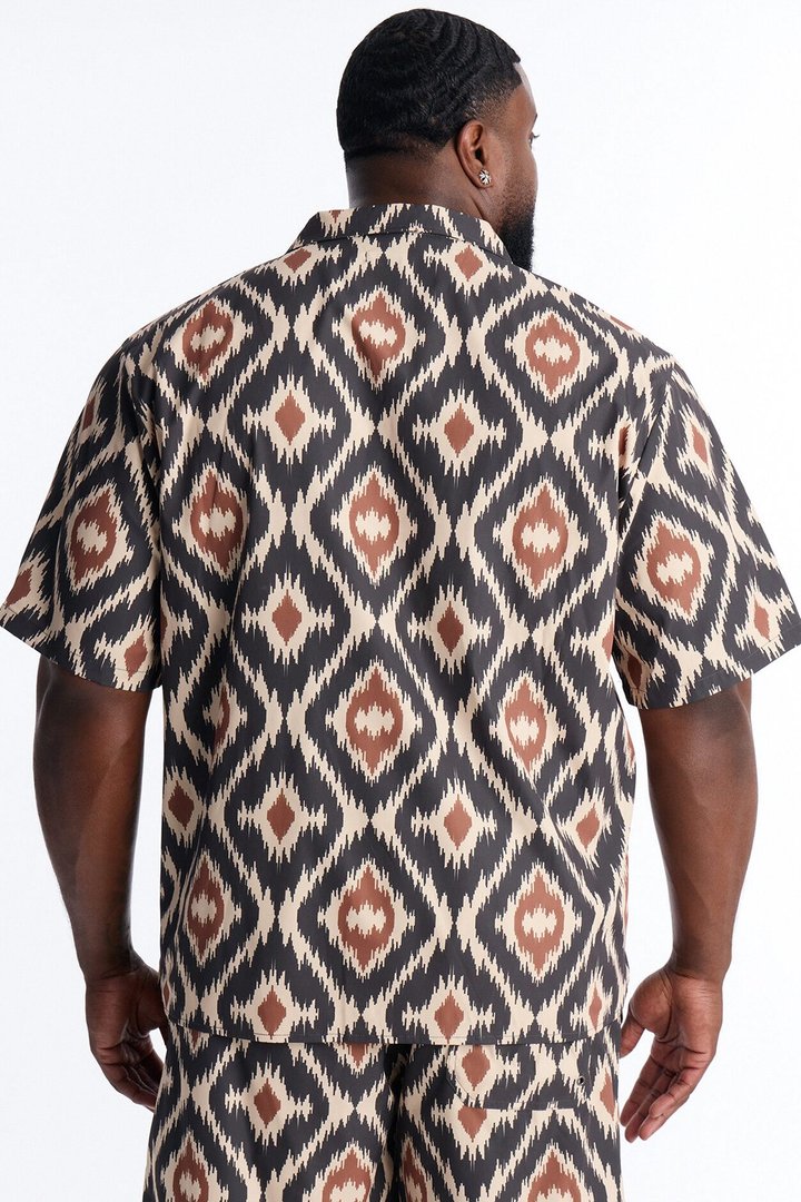 Relaxed Geometric Sahara Cuban Collar Button Up Shirt - Black/Brown