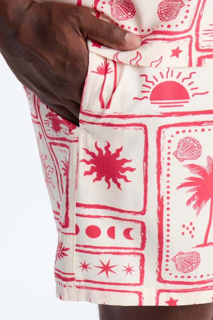Vacation Motif Swim Trunk 4″ - Red