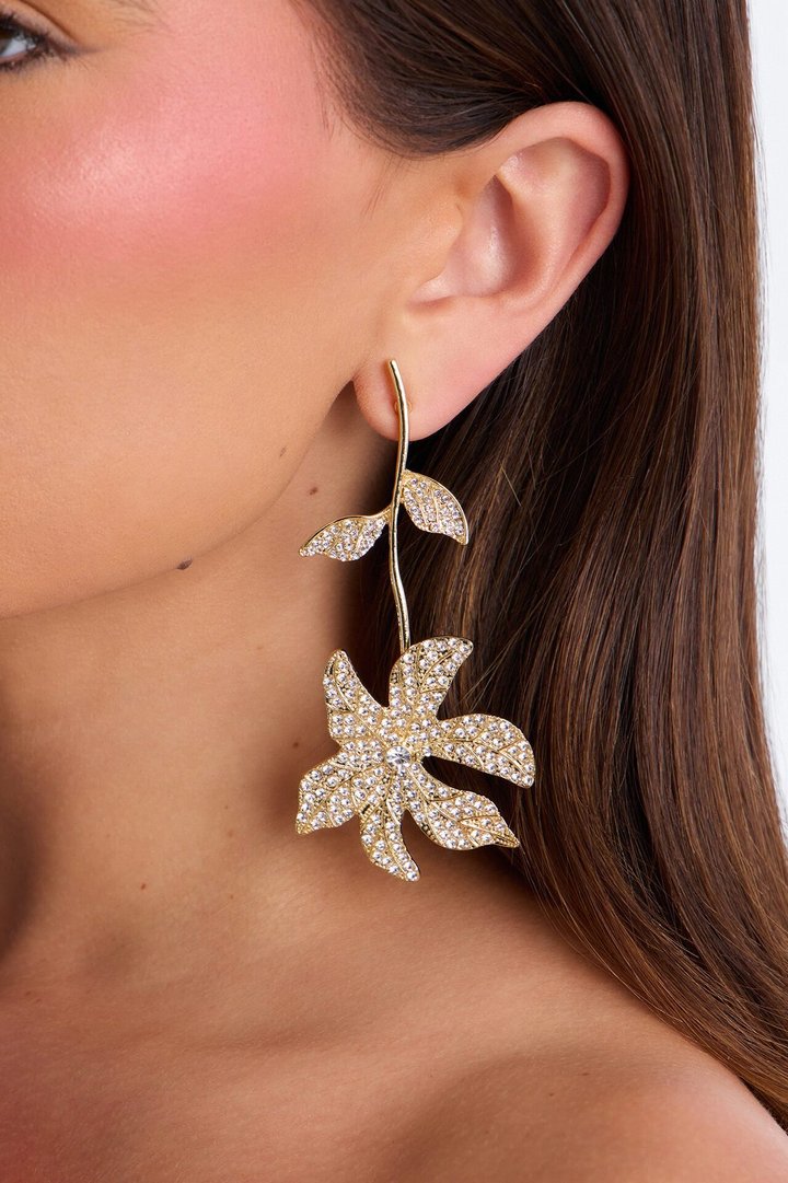 Smell The Flowers Rhinestone Earrings - Gold