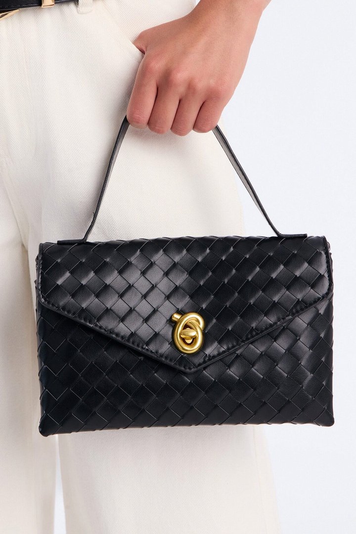 In The Statement Woven Faux Leather Clutch - Black