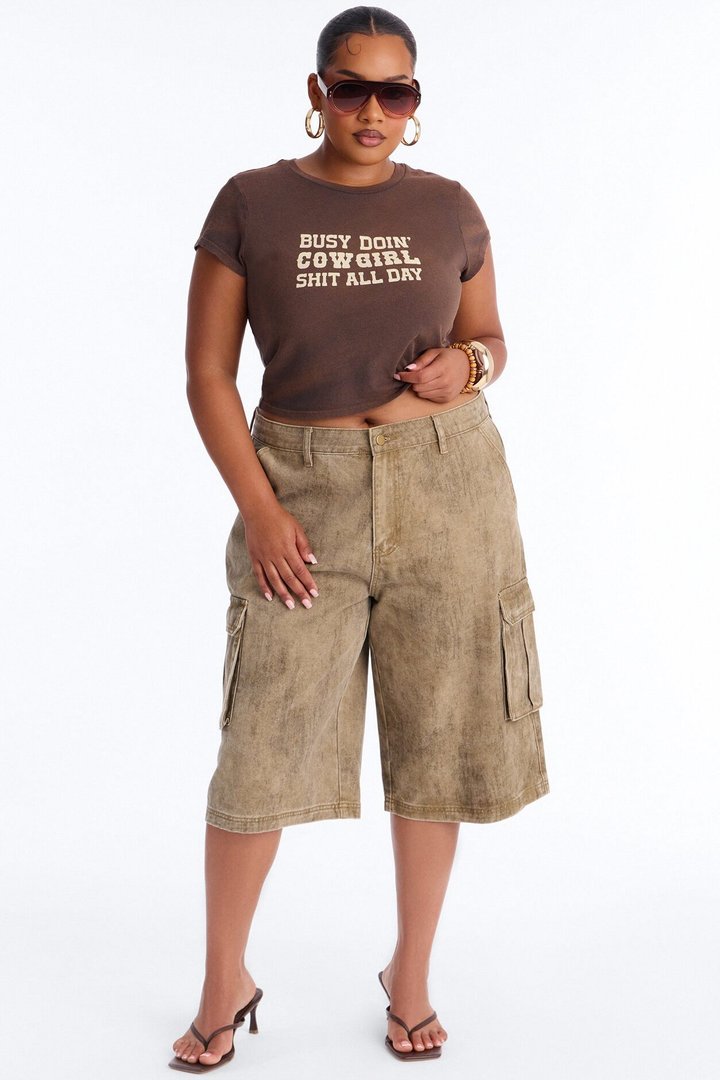 Cowgirl Shit All Day Washed Baby Tee - Brown