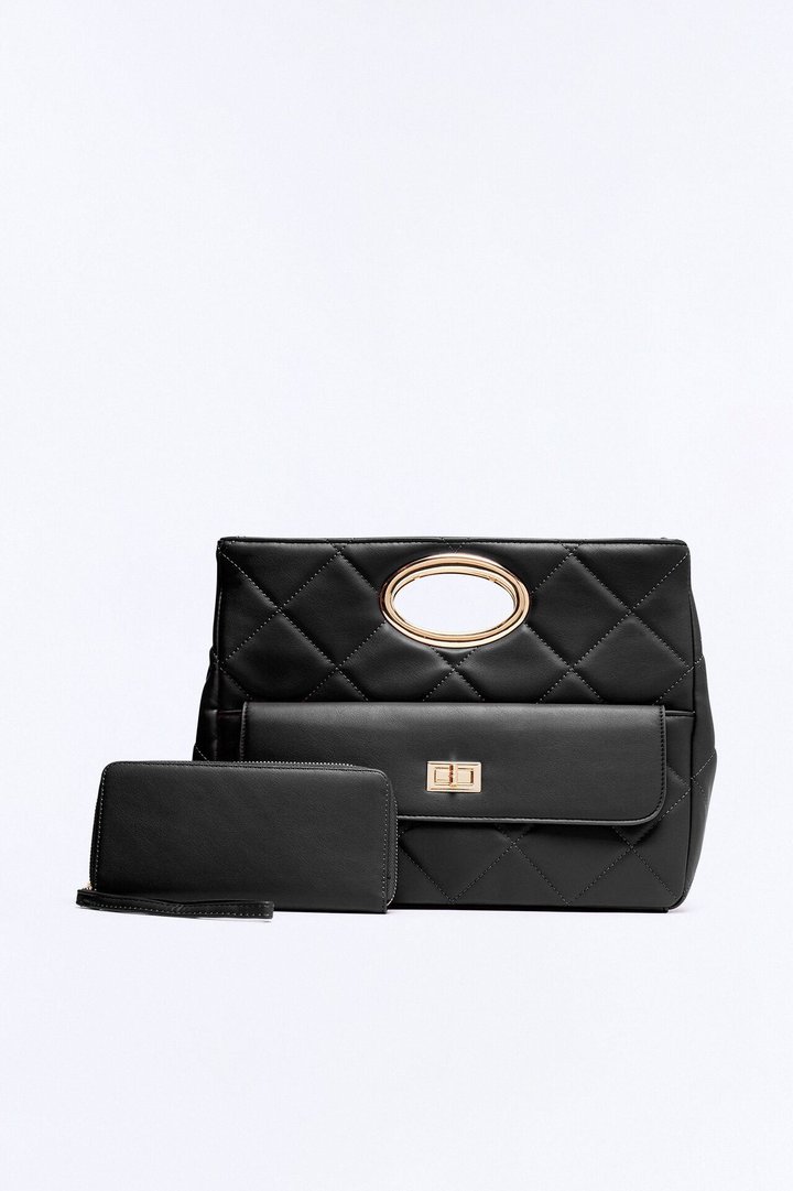 Nine To Five Faux Leather Crossbody Handbag And Wallet Set - Black