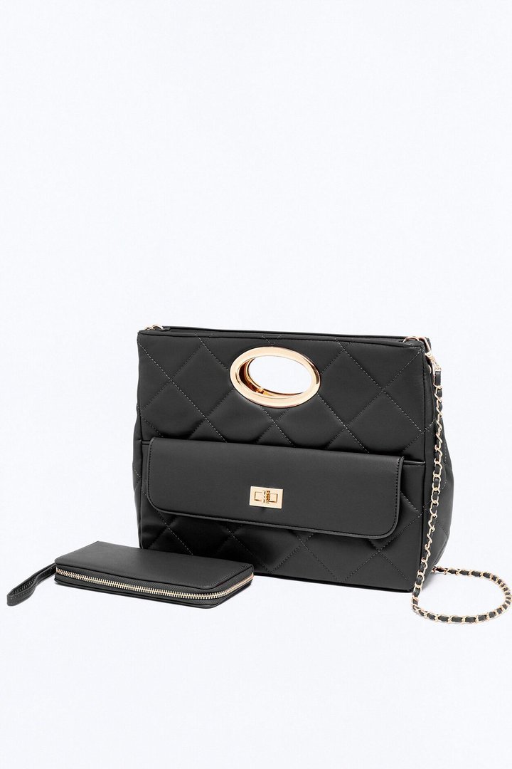Nine To Five Faux Leather Crossbody Handbag And Wallet Set - Black
