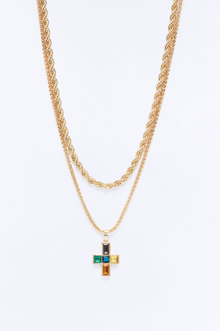 Stained Glass Cross Chain Necklace Set - Gold