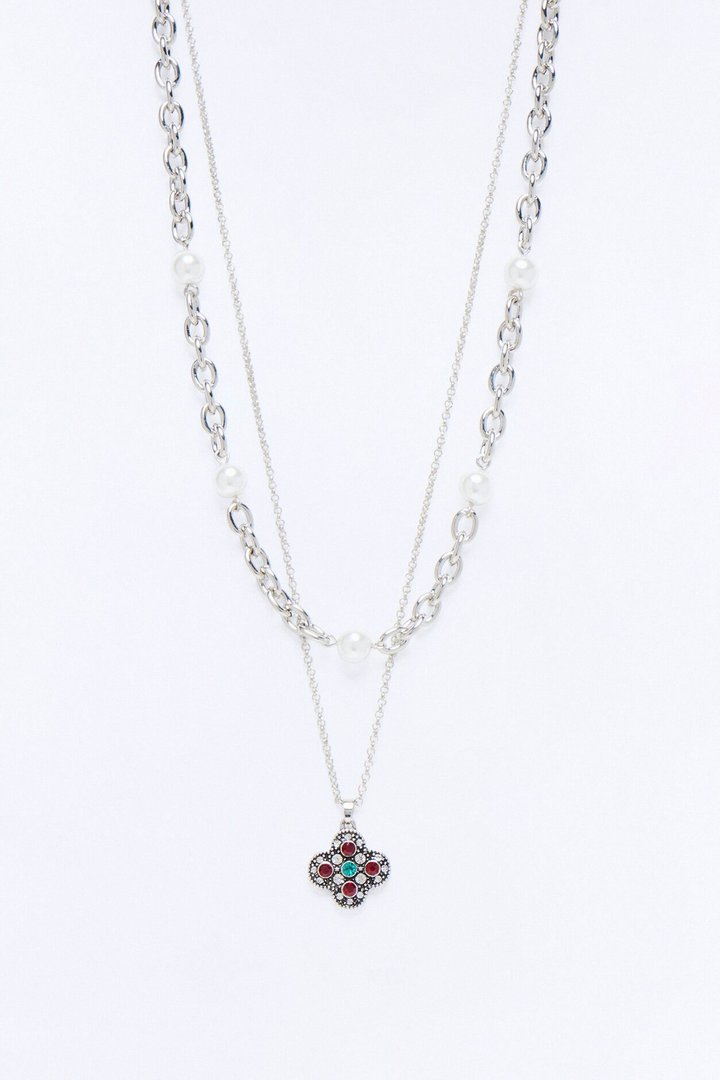 Clover And Pearls Chain Necklace Set - Silver