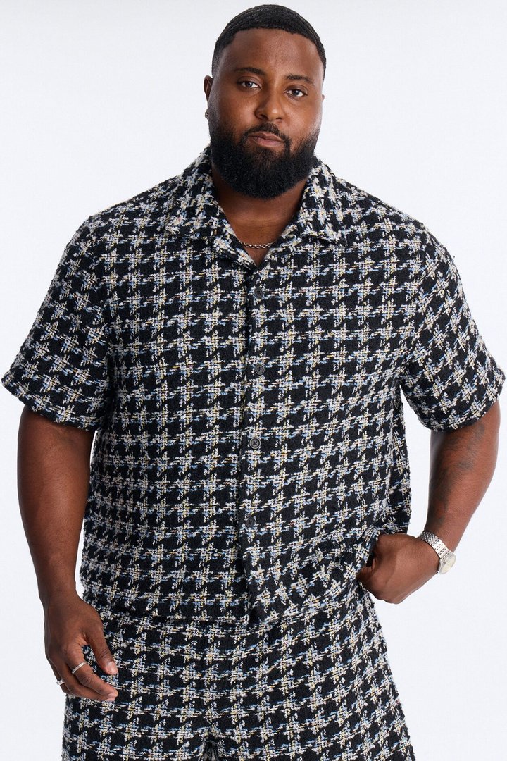 Cropped Relaxed Textured Boucle Houndstooth Button Up Shirt - Black