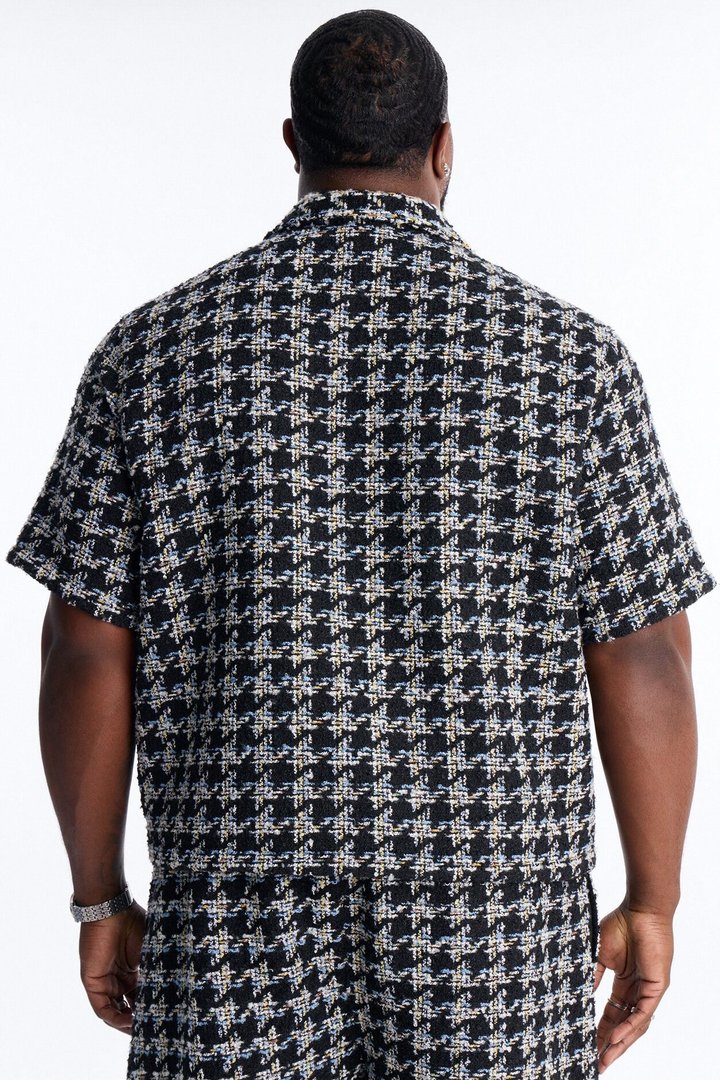 Cropped Relaxed Textured Boucle Houndstooth Button Up Shirt - Black