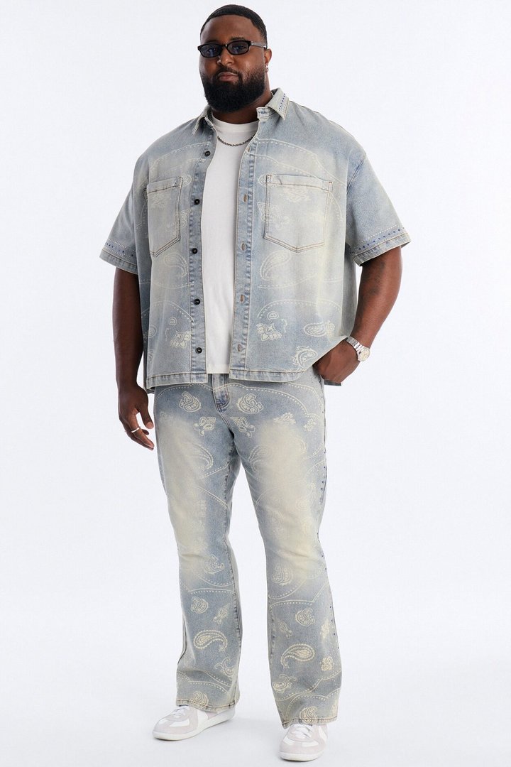 Rhinestone Bandana Stacked Skinny Flare Jeans - Light Blue Wash