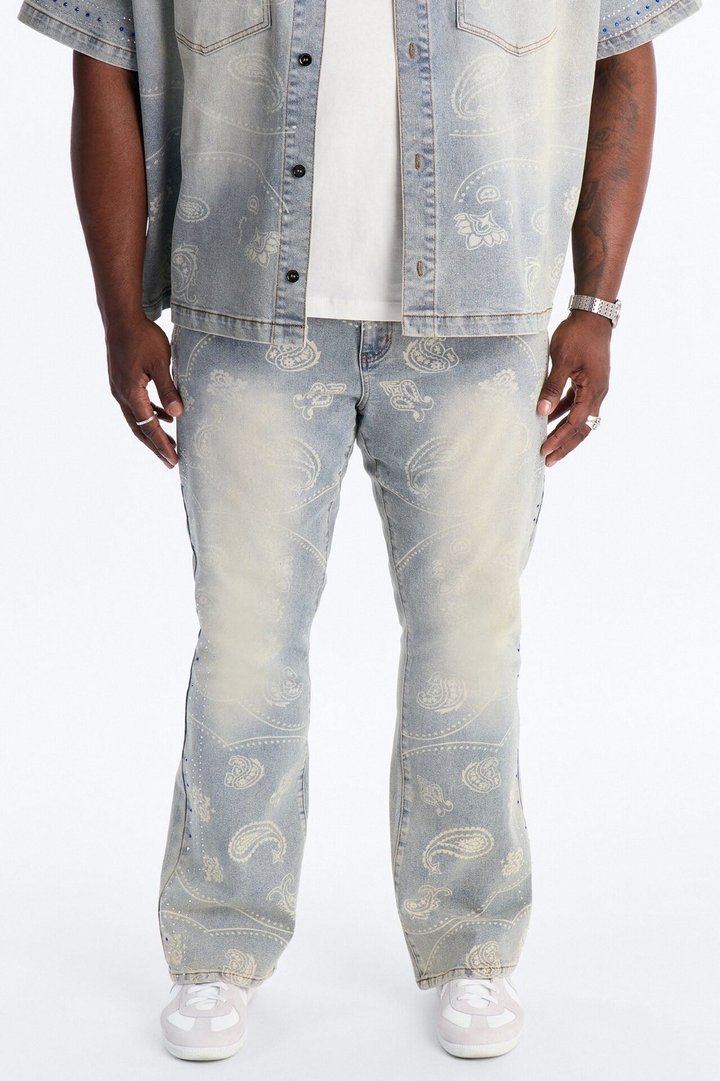 Rhinestone Bandana Stacked Skinny Flare Jeans - Light Blue Wash