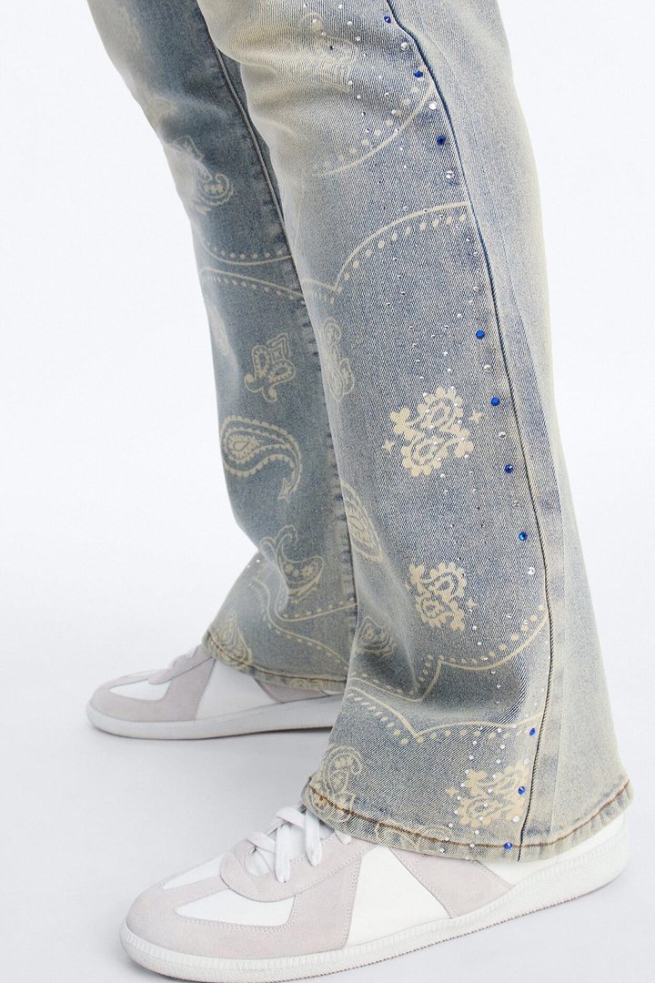 Rhinestone Bandana Stacked Skinny Flare Jeans - Light Blue Wash