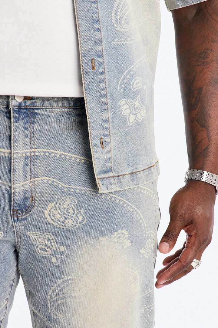 Rhinestone Bandana Stacked Skinny Flare Jeans - Light Blue Wash