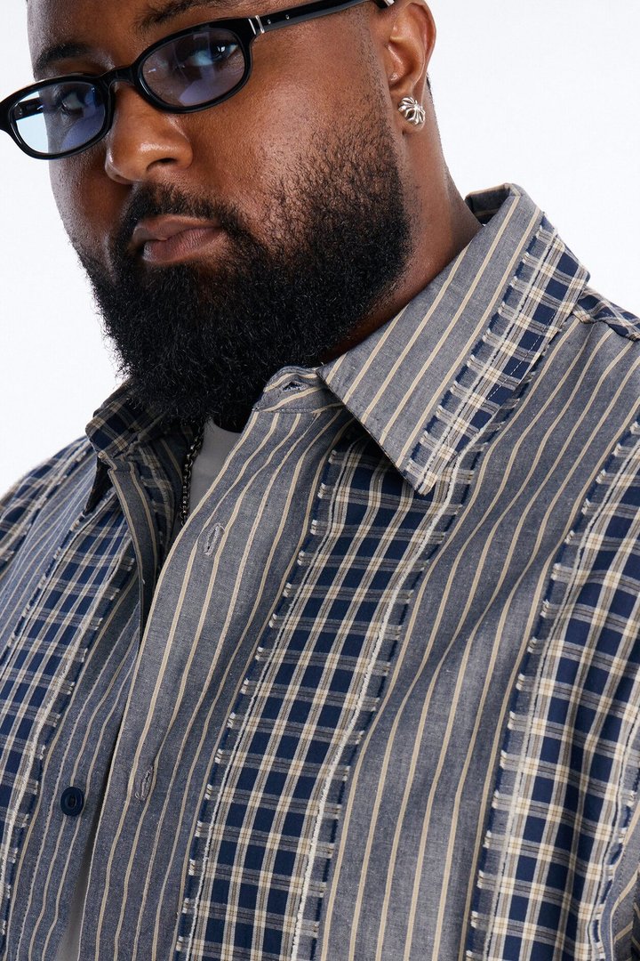 Relaxed Cropped Creekside Stripe Distressed Button Up Shirt - Navy