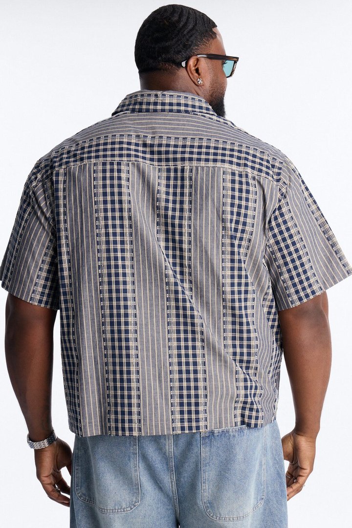 Relaxed Cropped Creekside Stripe Distressed Button Up Shirt - Navy