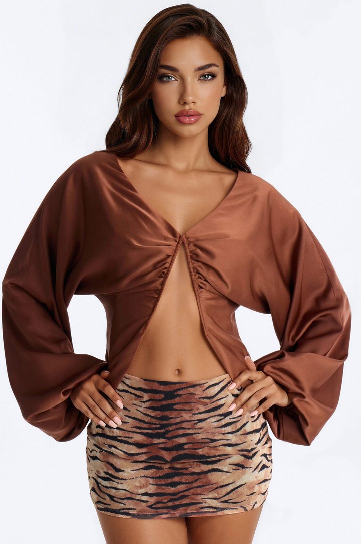 Isabella Open Front Satin Blouse - Chocolate