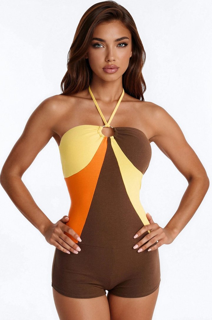 Indiya Halter Contrast Micro Romper - Chocolate/Combo