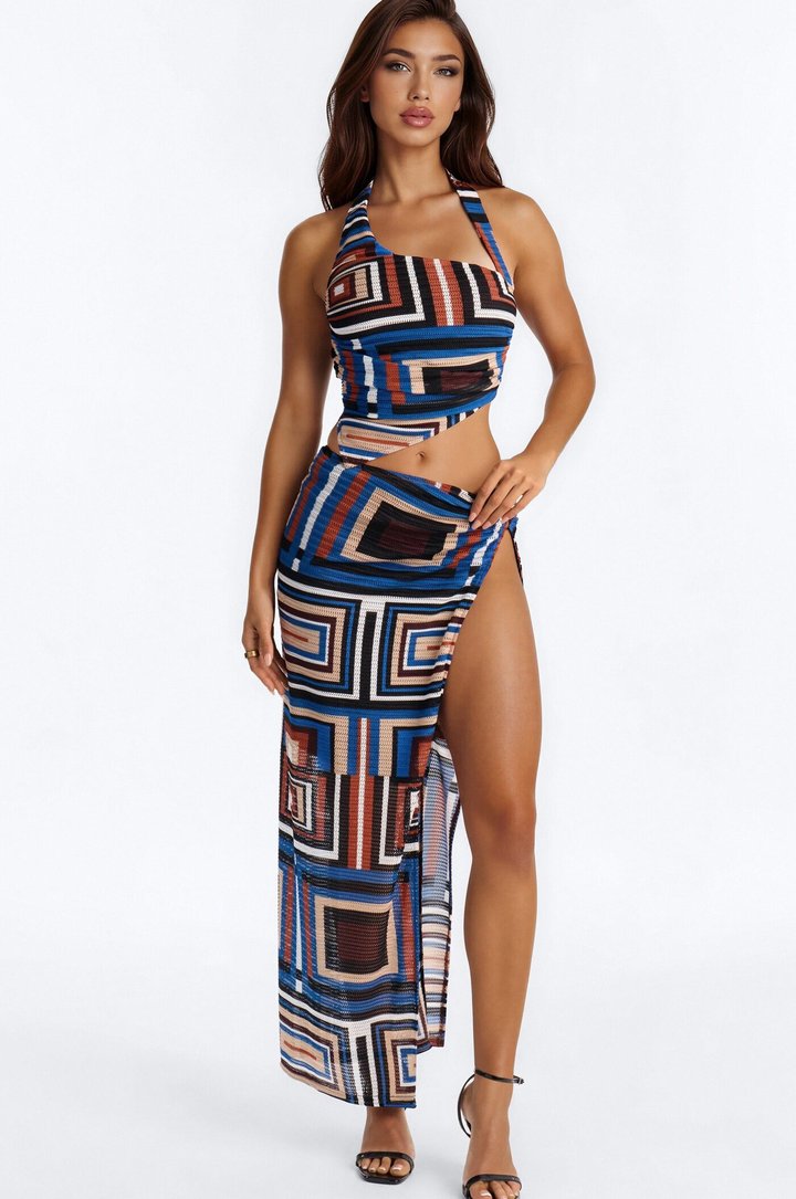 Alicia Halter Maxi Skirt Set - Black/combo