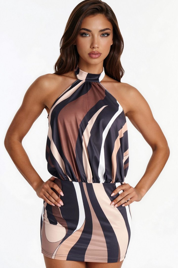 Bella Backless Swirl Micro Mini Dress - Brown/combo