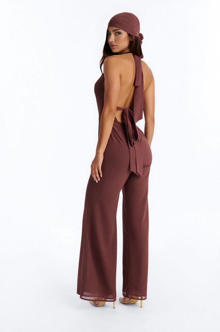 Angelica 2 Piece Chiffon Head Scarf Jumpsuit - Brown