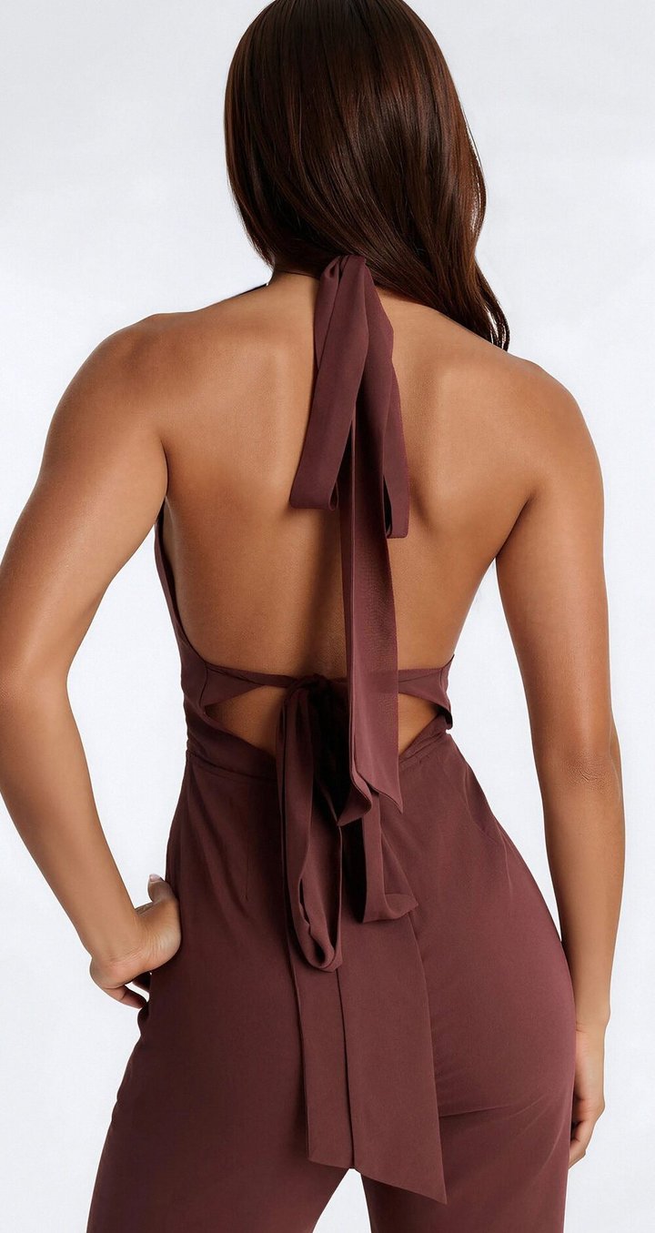 Angelica 2 Piece Chiffon Head Scarf Jumpsuit - Brown