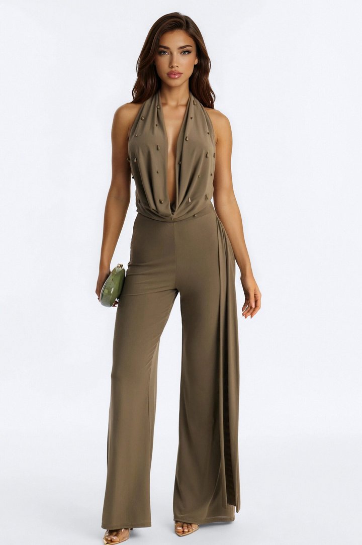 Sara Mesh Beaded Jumpsuit - Olive