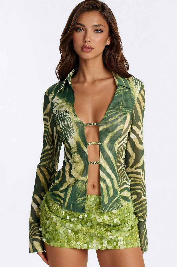Untamed Energy Tiger Sheer Mesh Long Sleeve Shirt - Green/combo