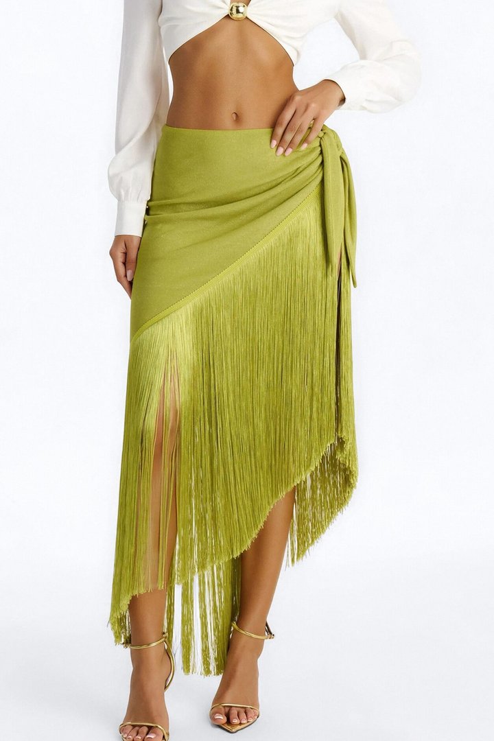 Somewhere Tropical Metallic Knit Fringe Midi Skirt - Green